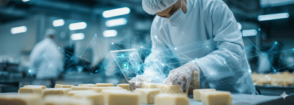 Tecnologia na Segurança Alimentar: Profissional controlando qualidade na indústria de alimentos com tecnologia digital e rastreabilidade - Alfa Consultoria Alimentar (Segurança Alimentar, Vigilância Sanitária Anvisa, Consultoria para Restaurantes, Controle de Qualidade)