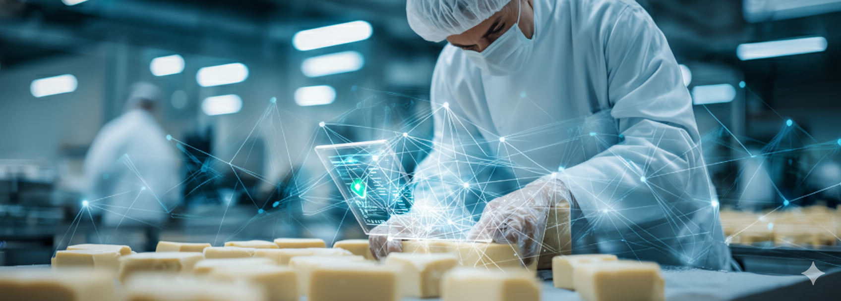 Foco: Tecnologia na Segurança Alimentar. Foto sobre profissional controlando qualidade na indústria de alimentos com tecnologia digital e rastreabilidade. Contexto: Segurança Alimentar, Vigilância Sanitária Anvisa, Consultoria para Restaurantes, Controle de Qualidade.