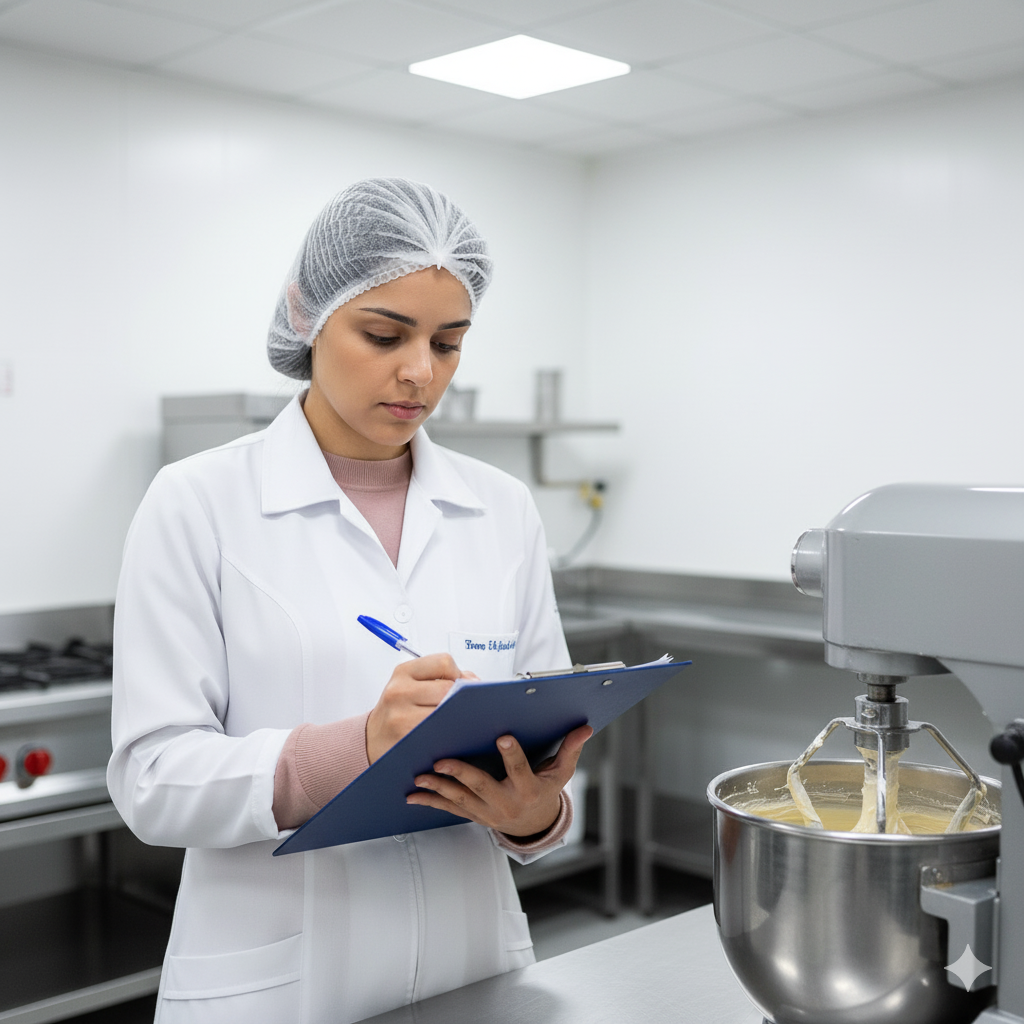 Nutricionista realizando consultoria de segurança alimentar em cozinha industrial